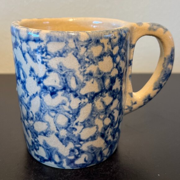 Vtg Roseville, Ohio Pottery R.R.P. Co USA Blue Spongeware Heavy Earthenware Mug - Picture 4 of 13